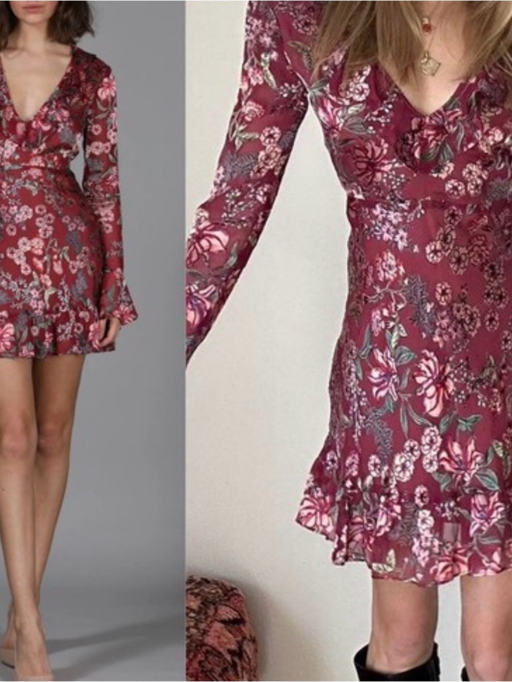 For Love & Lemons Burgundy Floral V-Neck Long Sleeve Mini Dress